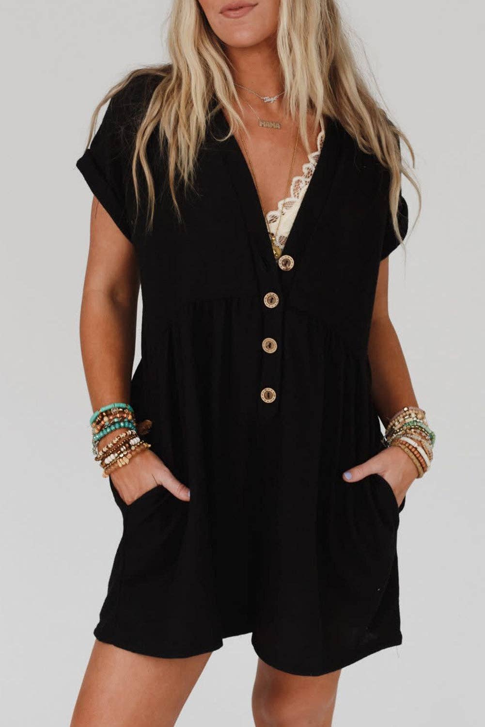Black V Neck Buttons Loose Cuffed Short Sleeve Romper: