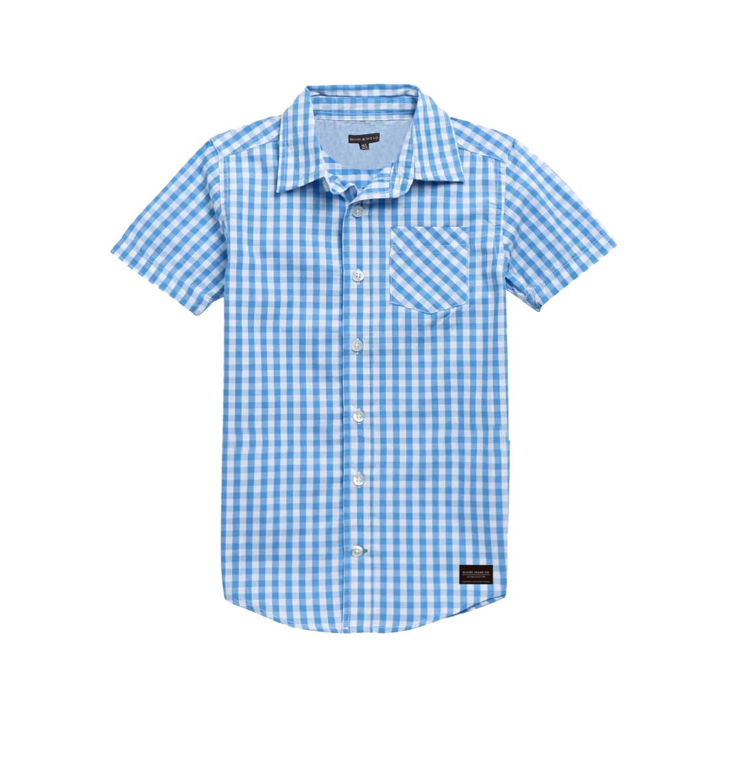 BOYS S/S GINGHAM PLAID SHIRT WITH CHEST POCKET: BLUE