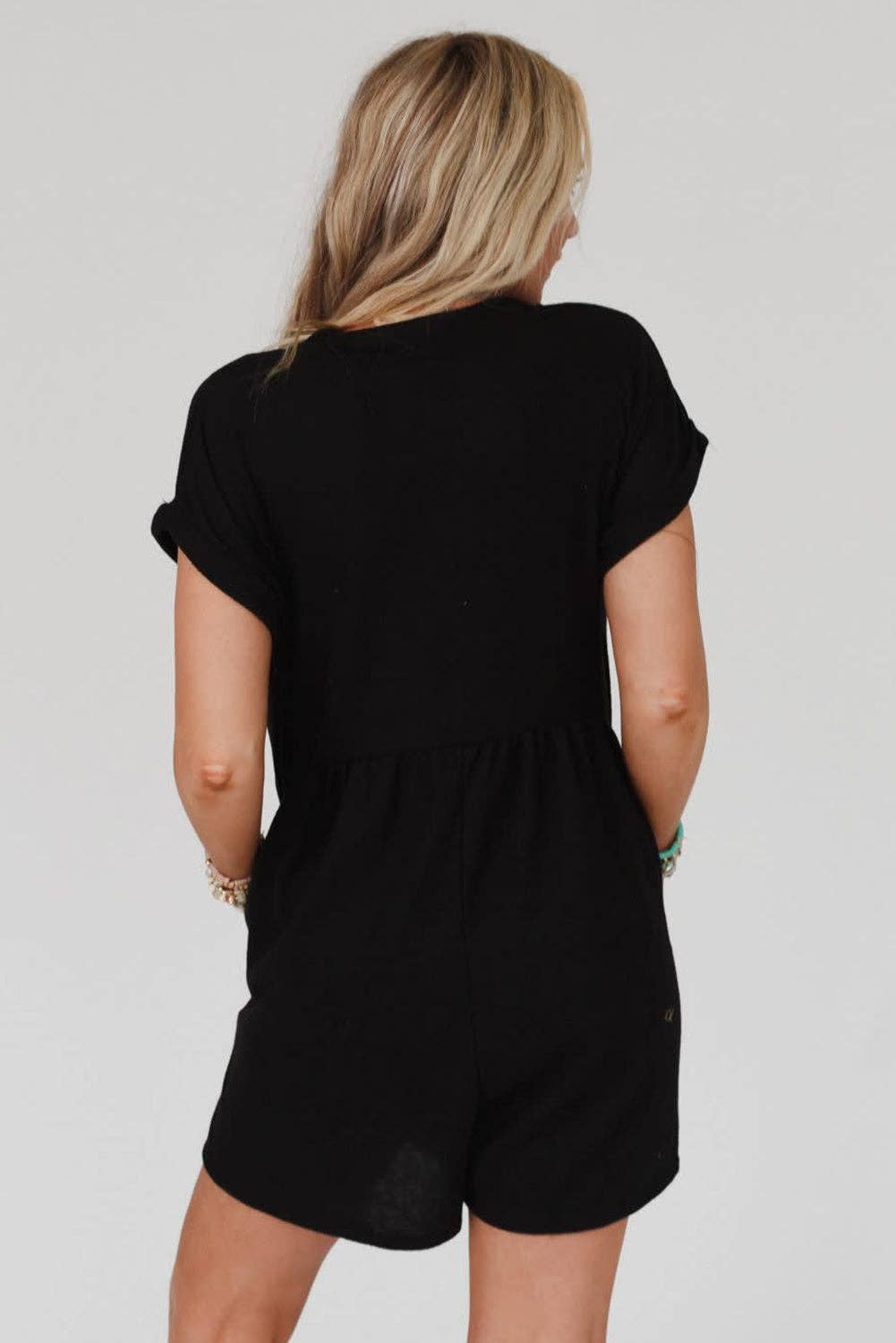 Black V Neck Buttons Loose Cuffed Short Sleeve Romper: