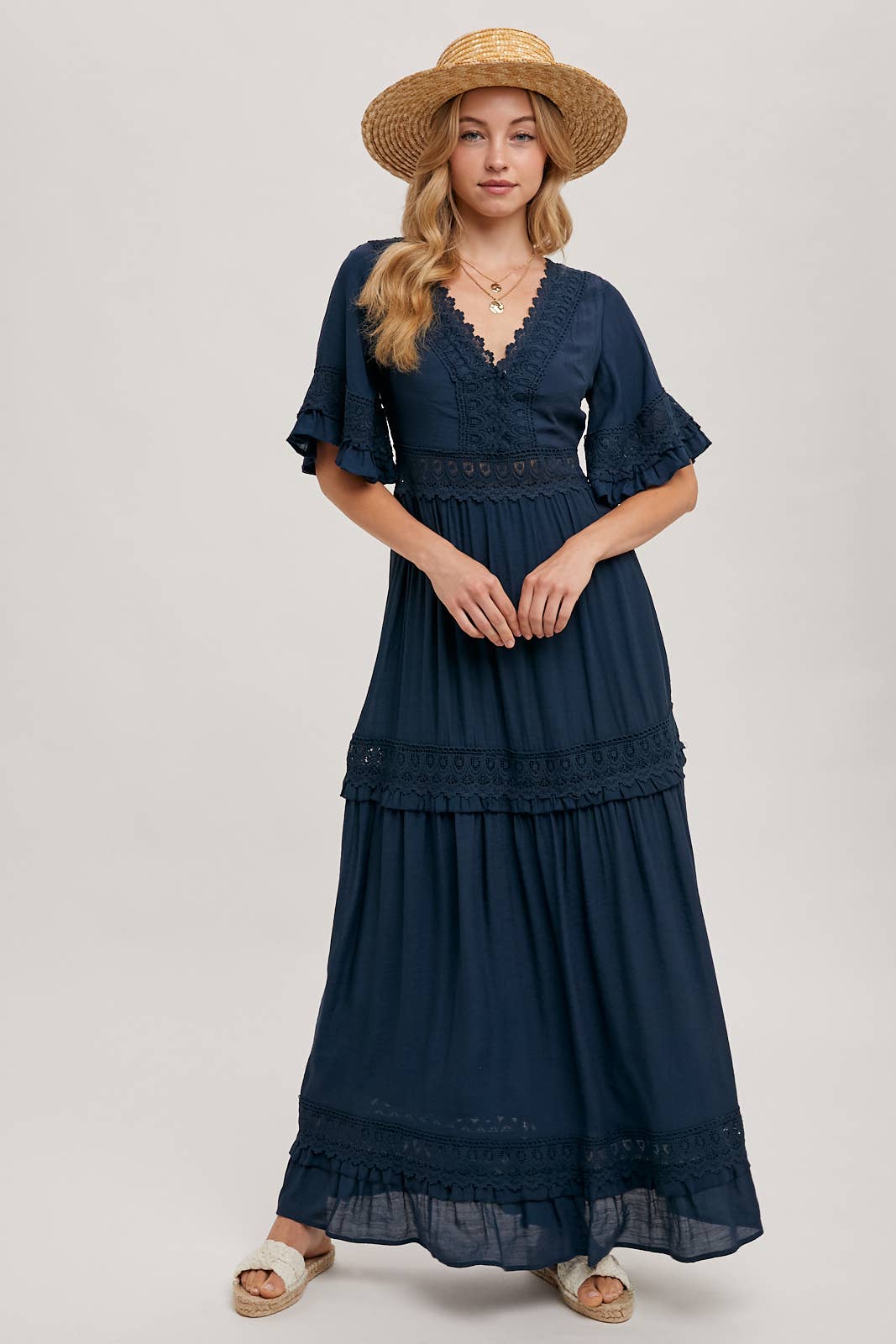 V-NECK LACE TRIM MAXI DRESS: LT. OLIVE