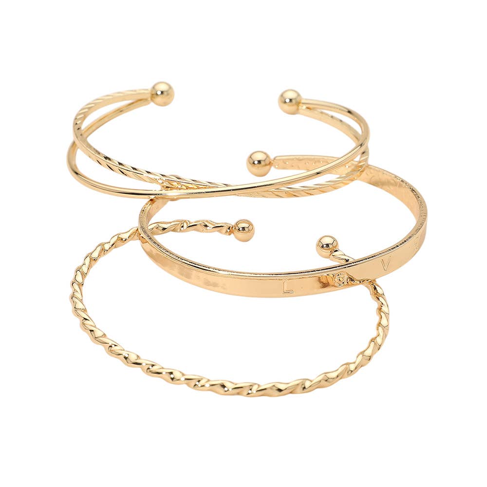 3PCS - Gold Dipped Textured Metal Cuff Multi Layered Bracelets