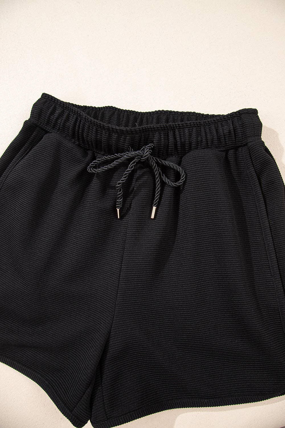 Black Textured Half Zip Kangaroo Pocket Top Drawstring Shorts Set: Black