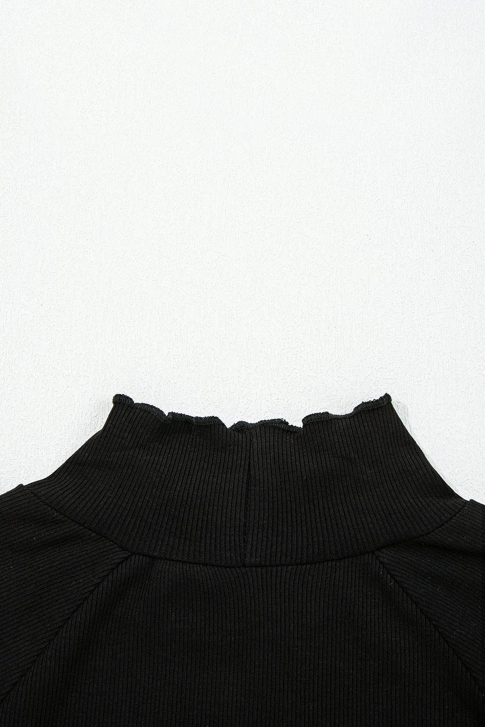 Black Ribbed Knit Lettuce Trim High Neck Long Sleeve Top