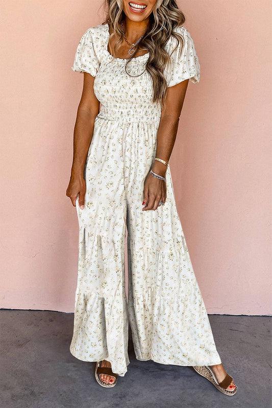 White Boho Floral Smocked Wide Leg Short Puff Sleeve Jumpsuit: White
