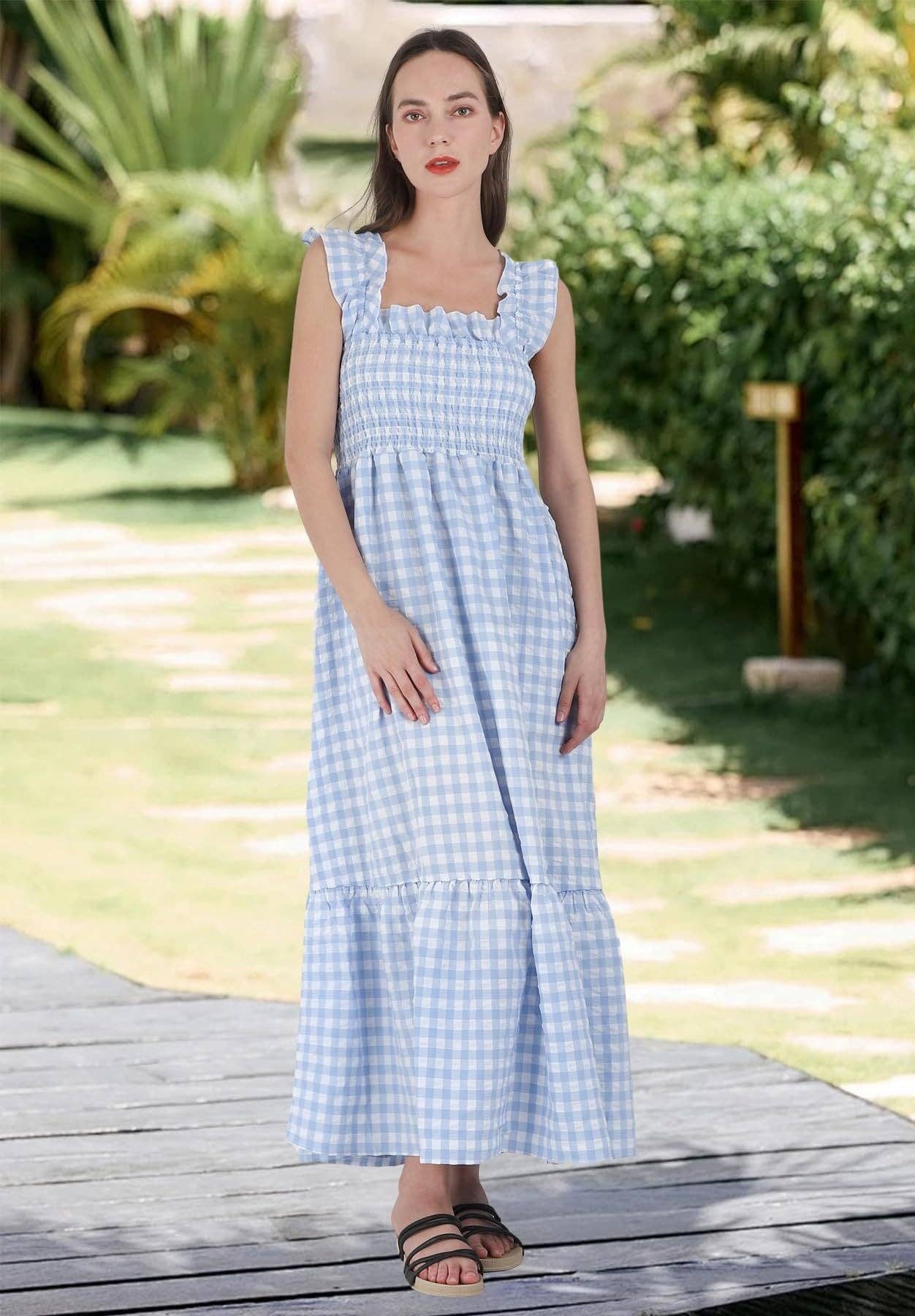 Gingham Smocked Maxi Dress Square Neck