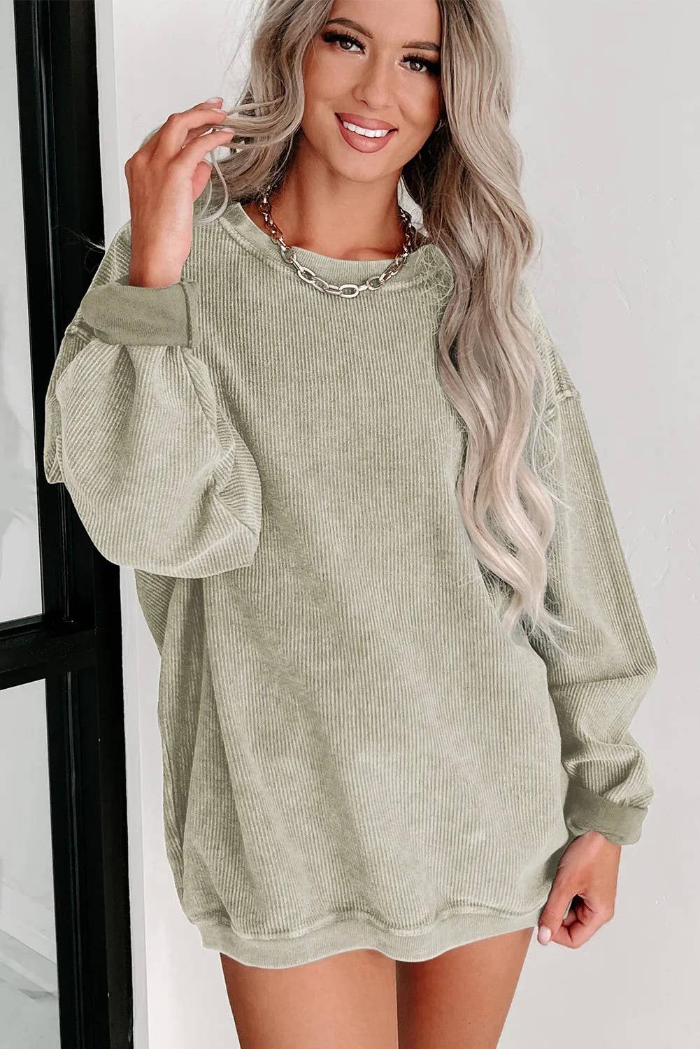 Ribbed Knit Round Neck Pullover Sweatshirt