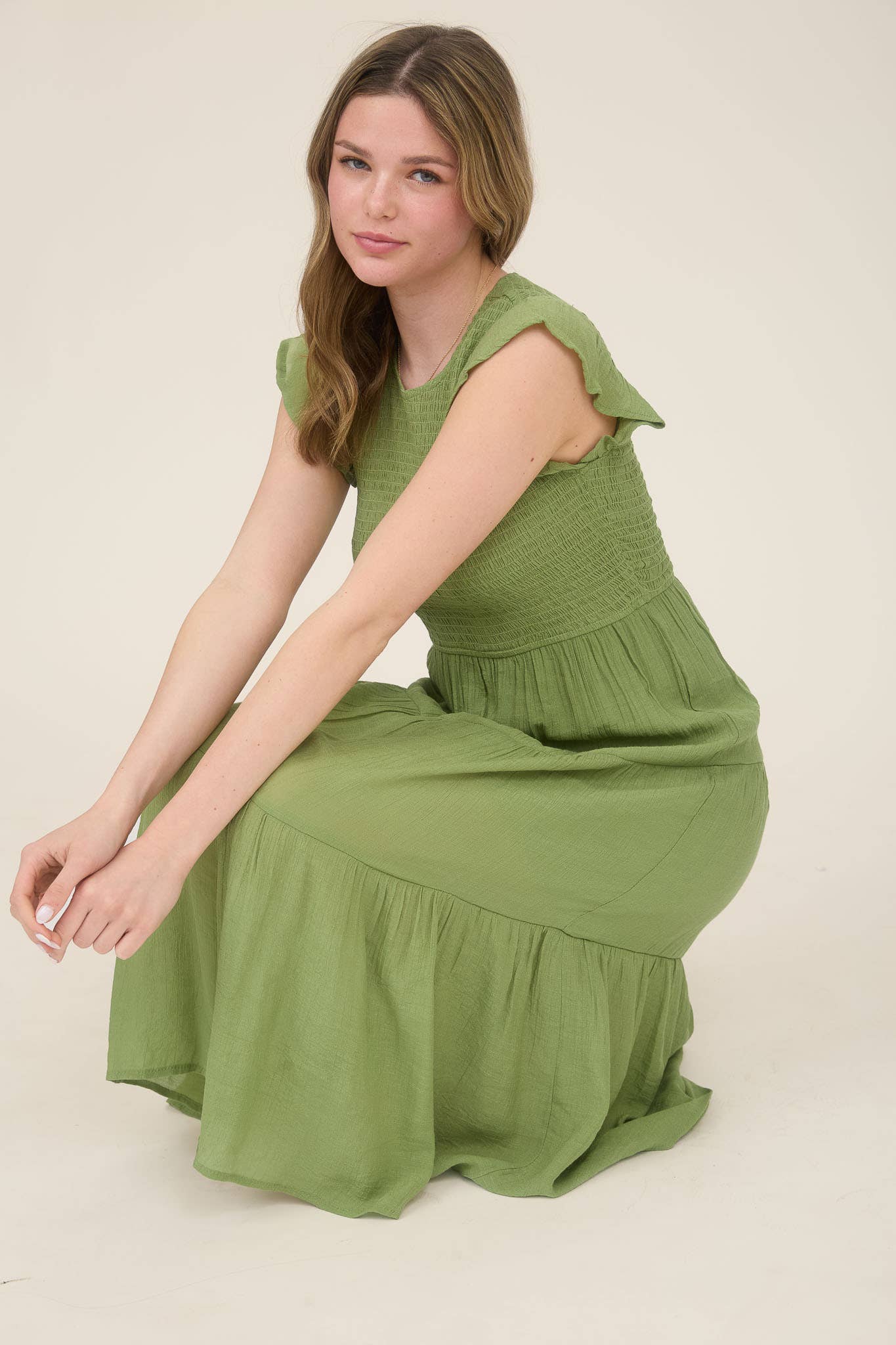 SMOCKED TIERED MIDI DRESS: LIGHT SAGE
