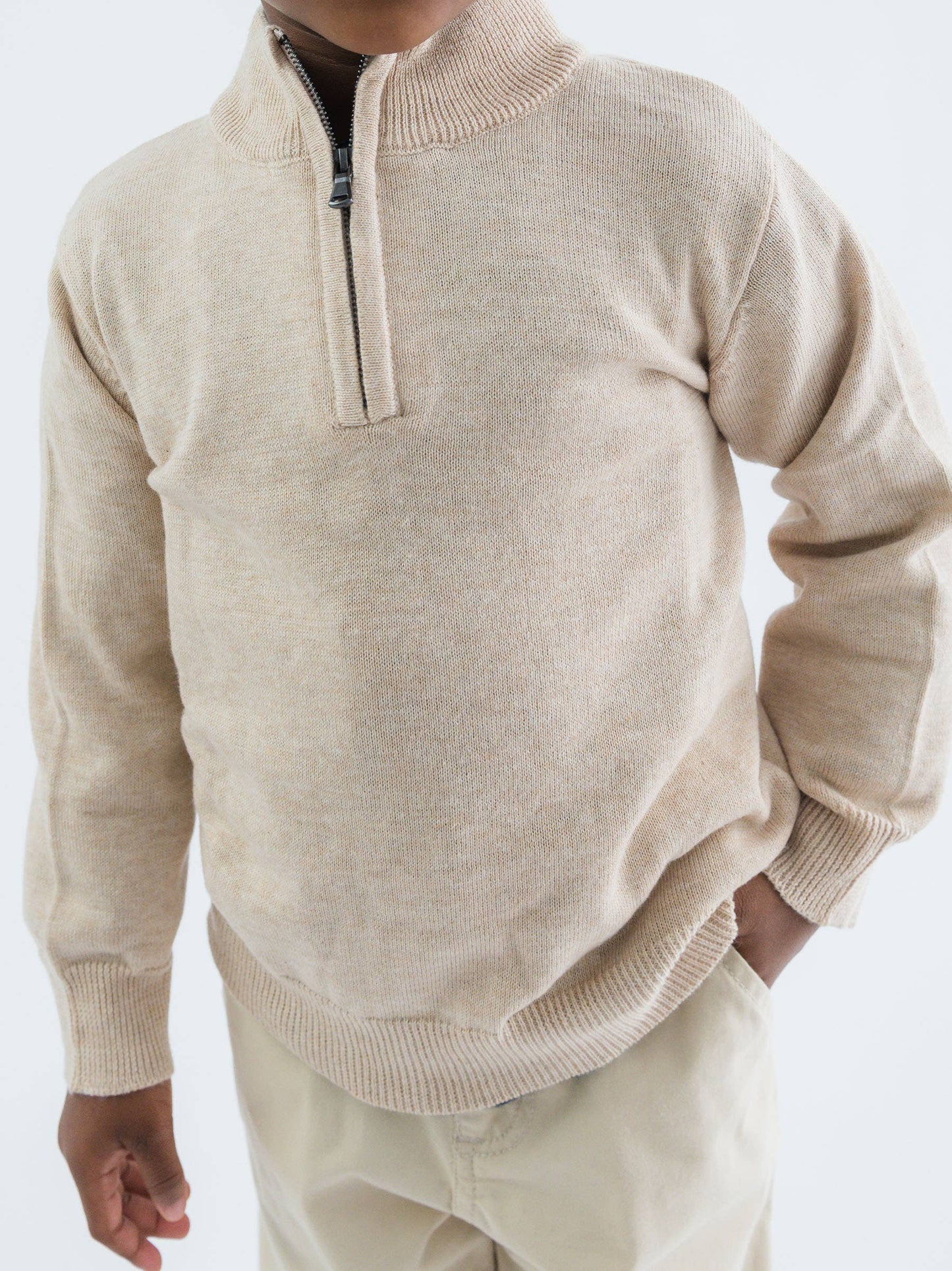 Boys Heather Oatmeal Quarter-Zip Sweater: Off-White