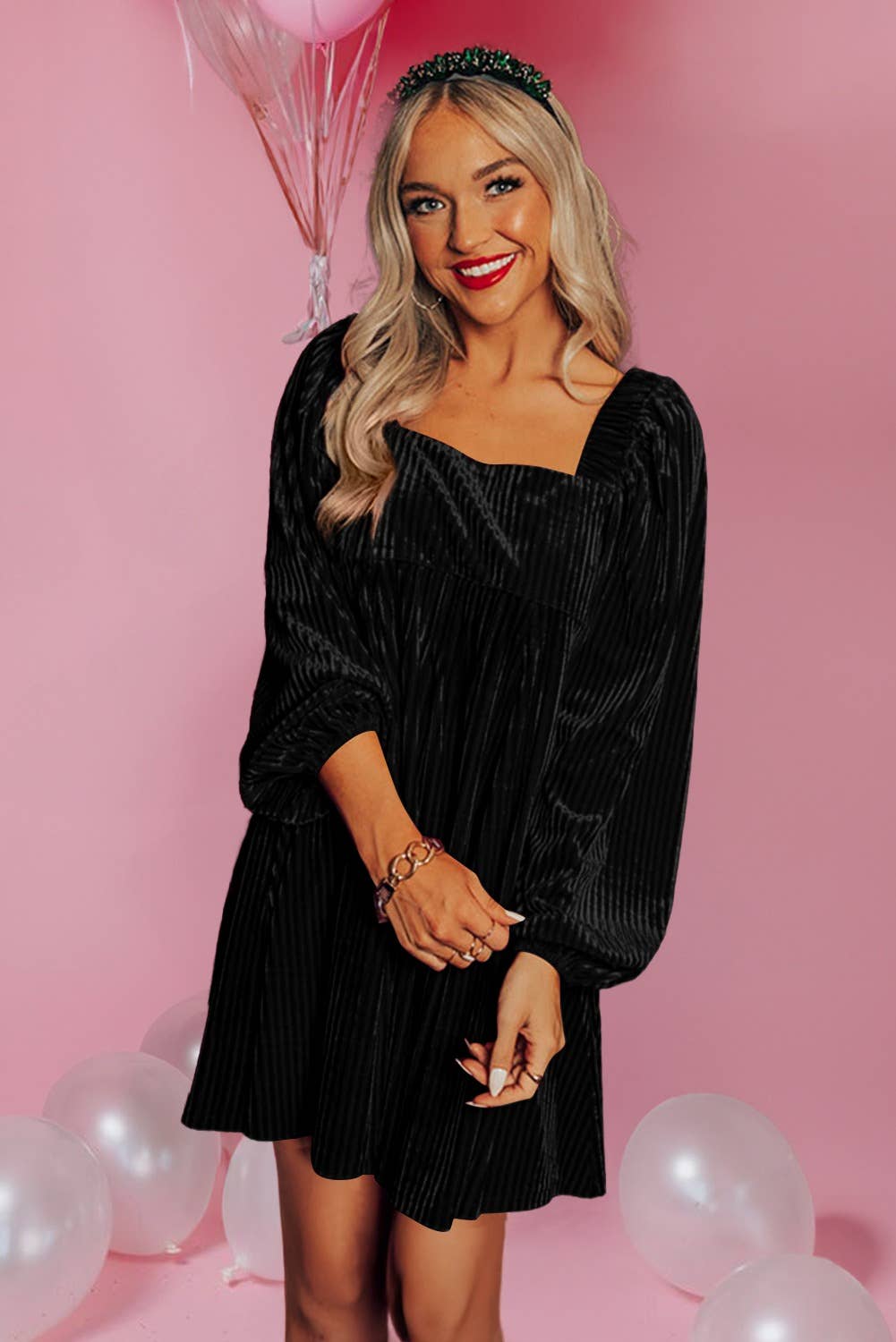 Tie Back Square Neck Velvet Babydoll Dress- Black