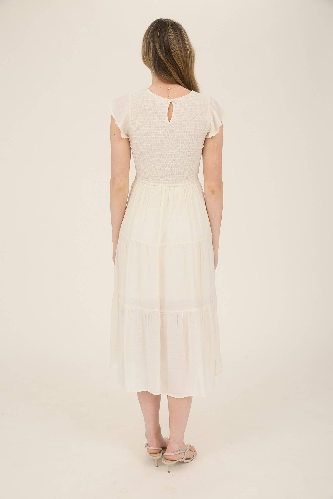 SMOCKED TIERED MIDI DRESS: LIGHT SAGE