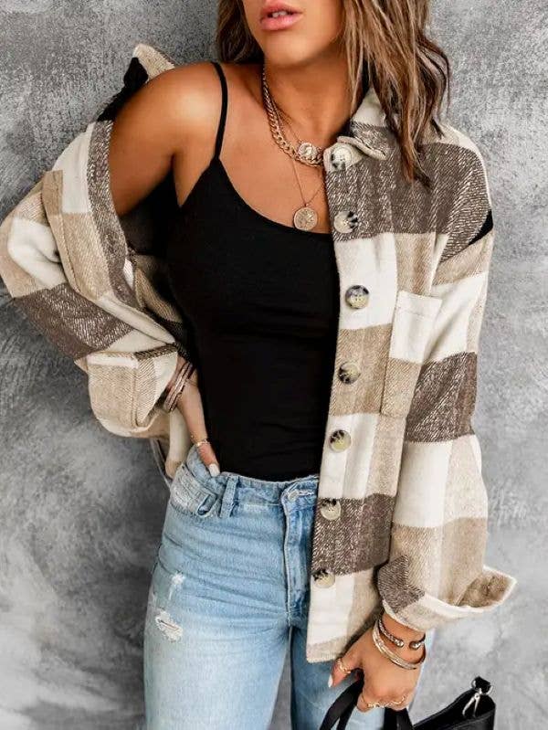 Buttoned Plaid Color Block Long Sleeve Jacket with Pockets: Khaki
