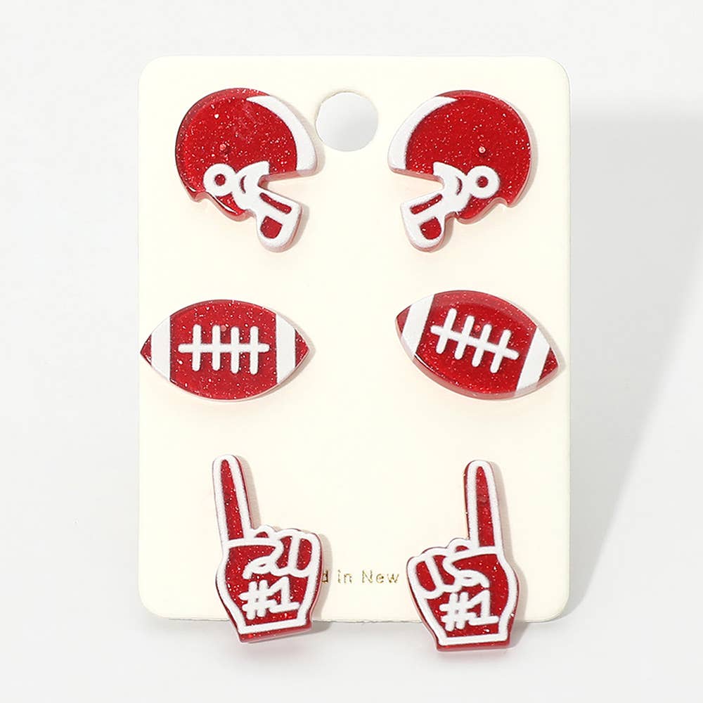 3Pairs - Game Day Football Helmet Ball Number One Sign Stud Earring Set