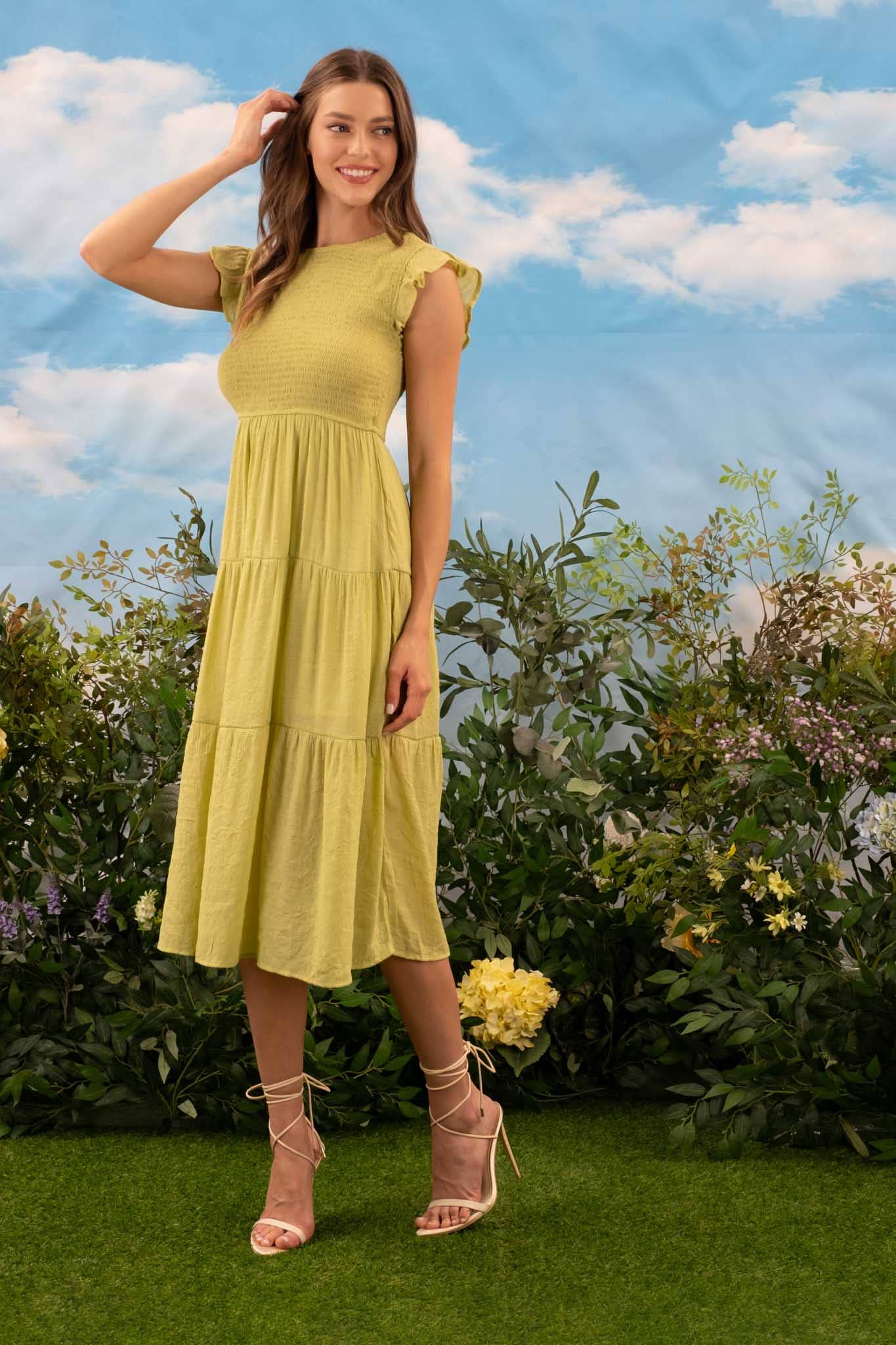 SMOCKED TIERED MIDI DRESS: LIGHT SAGE