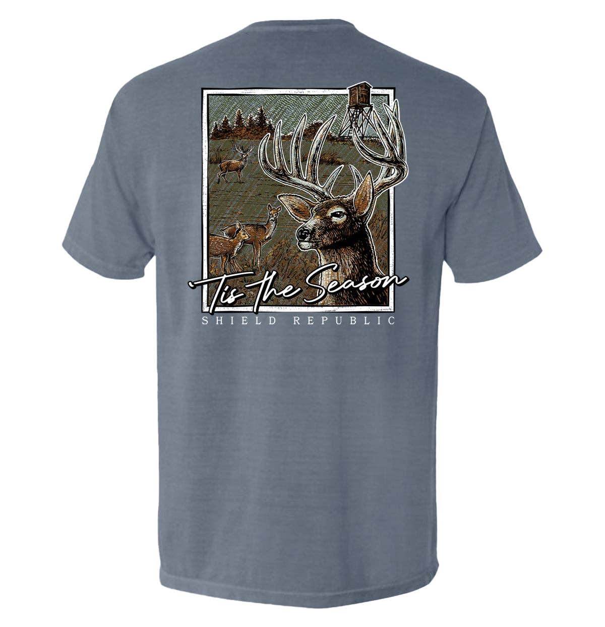 Tis the Season Deer comfort colors pocket tee. Blue Jean