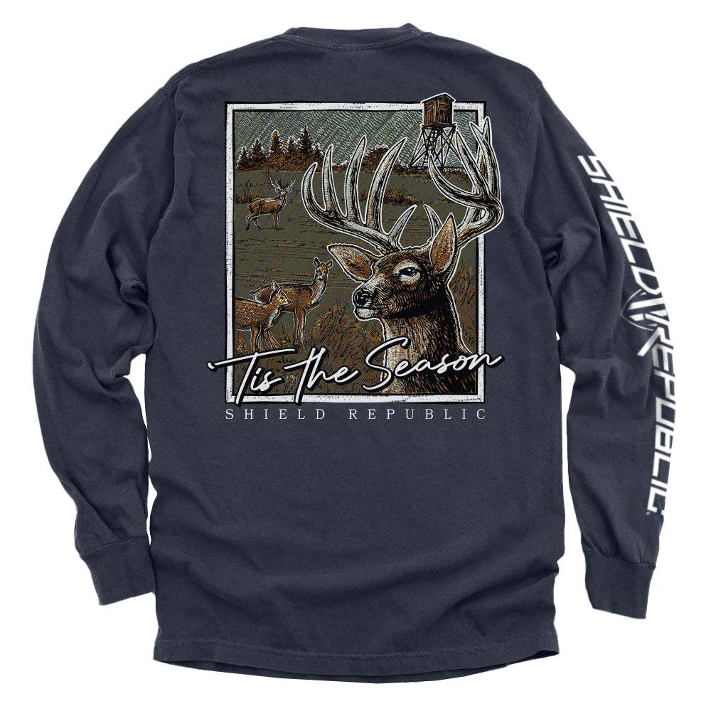Tis the Season Deer comfort colors pocket tee. Blue Jean