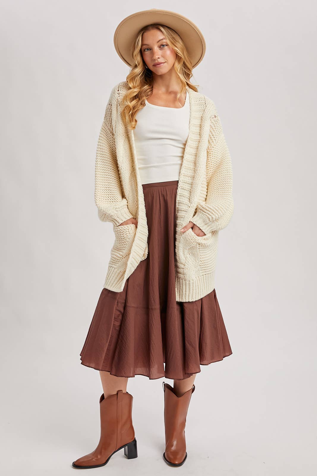 CHUNKY CABLE LANTERN SLEEVE CARDIGAN: MUSHROOM