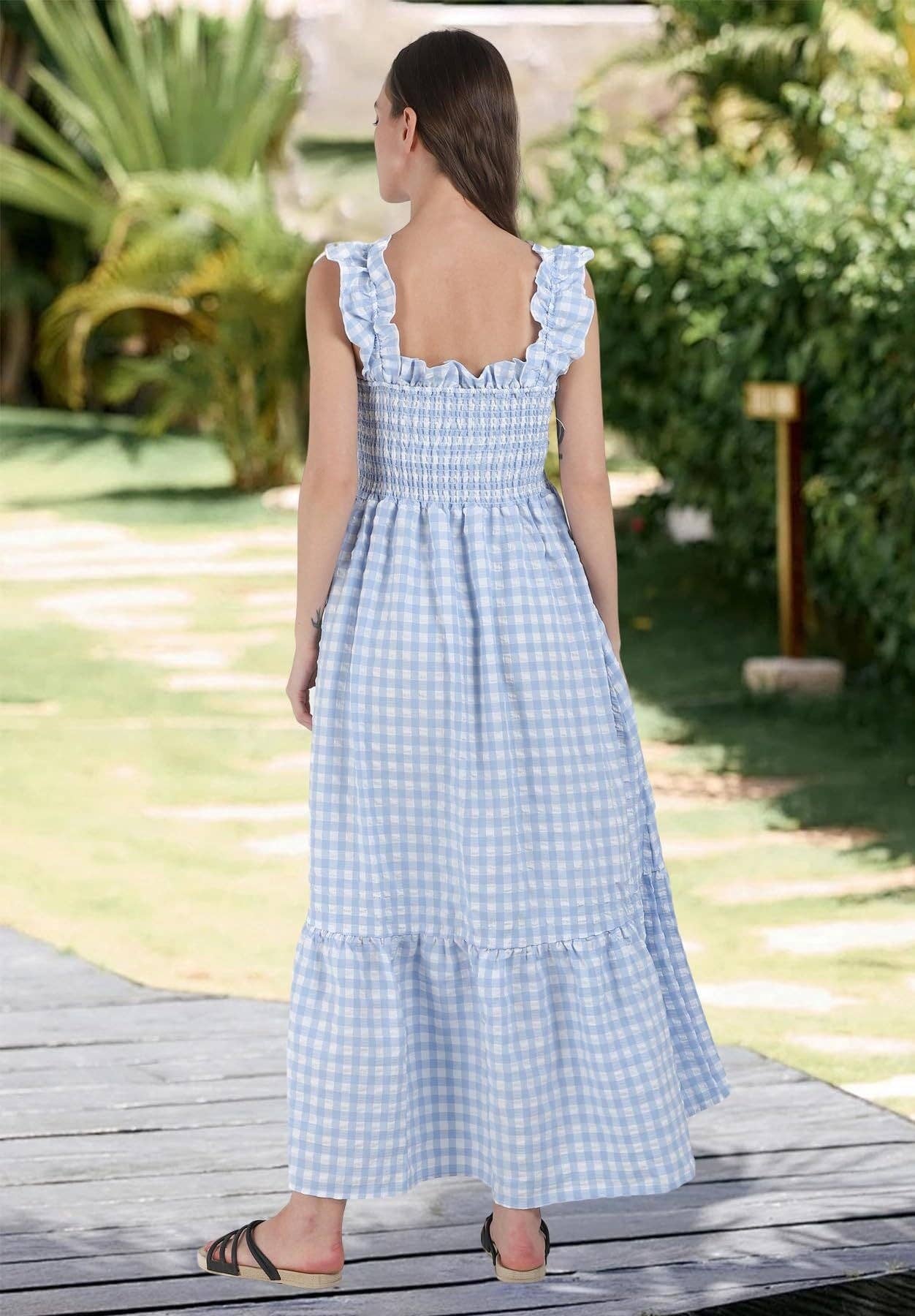 Gingham Smocked Maxi Dress Square Neck