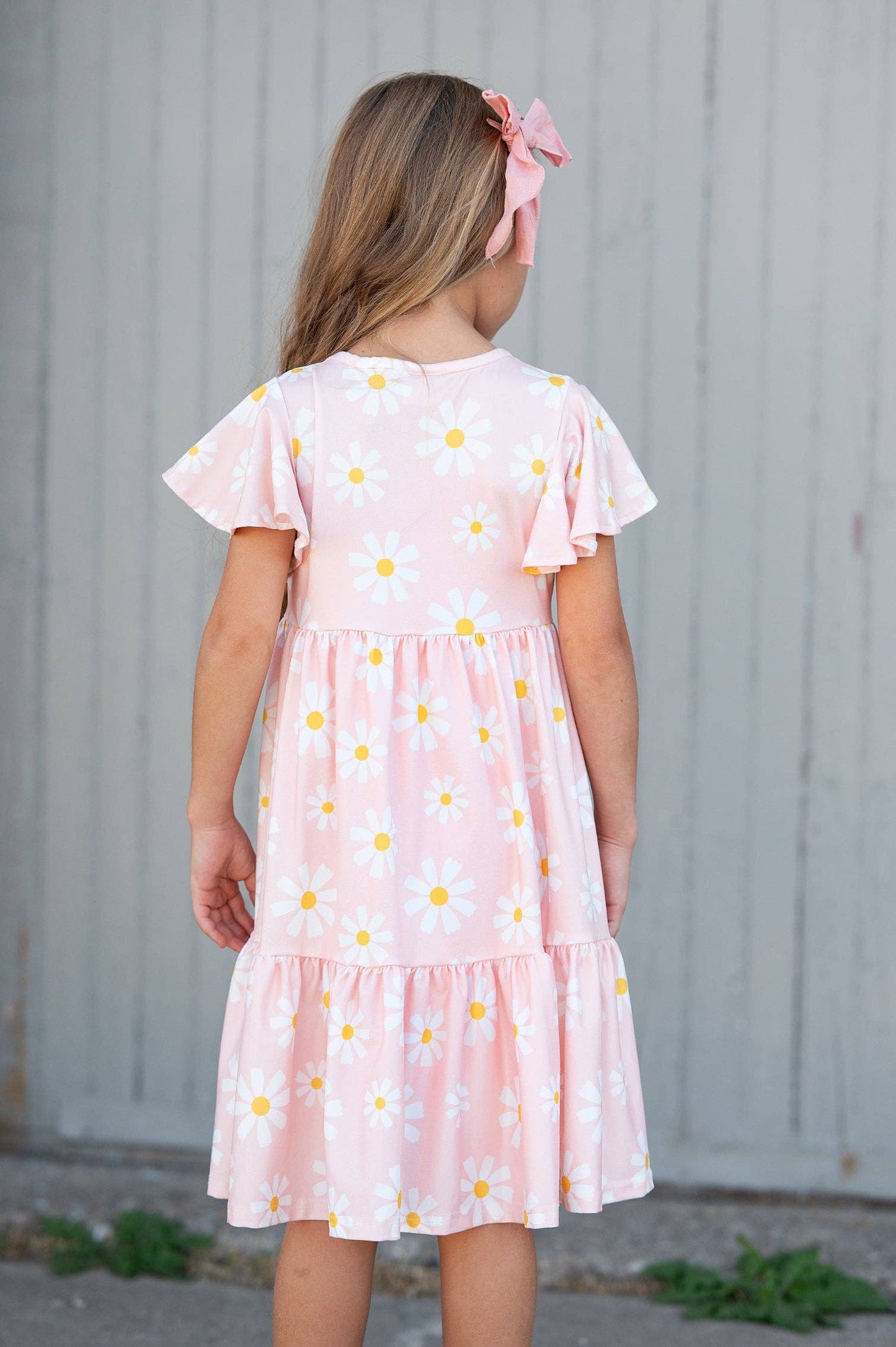 Girls Emma Pink Spring Daisy Flutter Sleeve Twirl Dress: 2