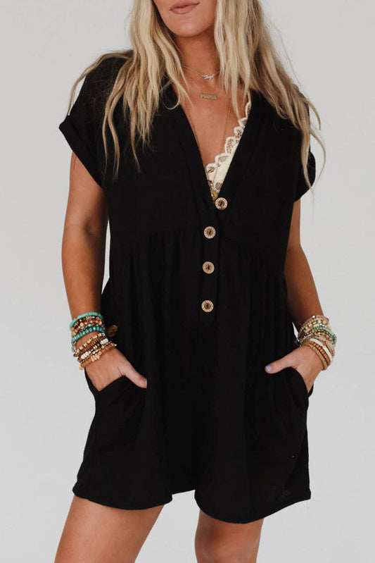 Black V Neck Buttons Loose Cuffed Short Sleeve Romper: