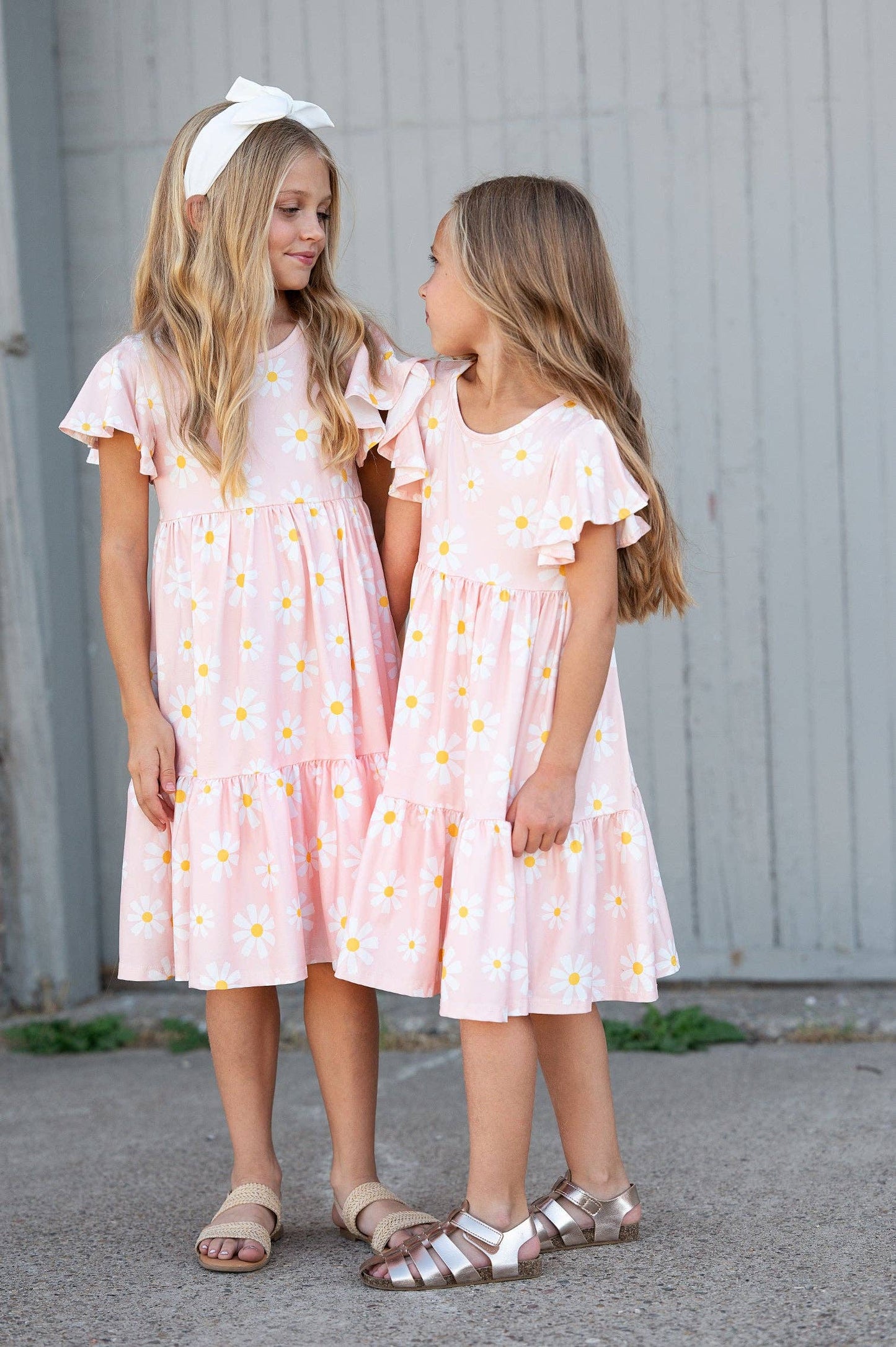 Girls Emma Pink Spring Daisy Flutter Sleeve Twirl Dress: 2