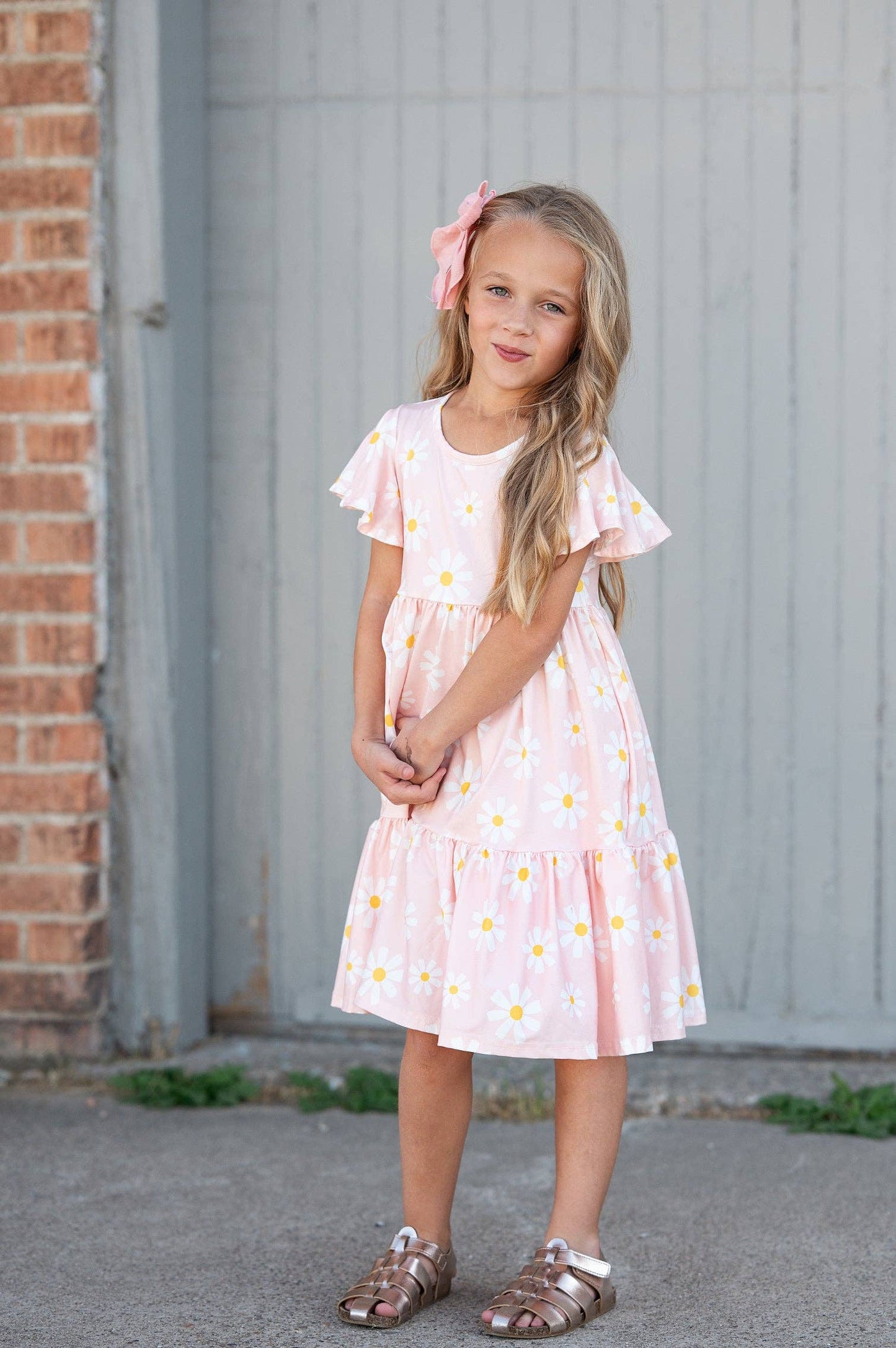 Girls Emma Pink Spring Daisy Flutter Sleeve Twirl Dress: 2