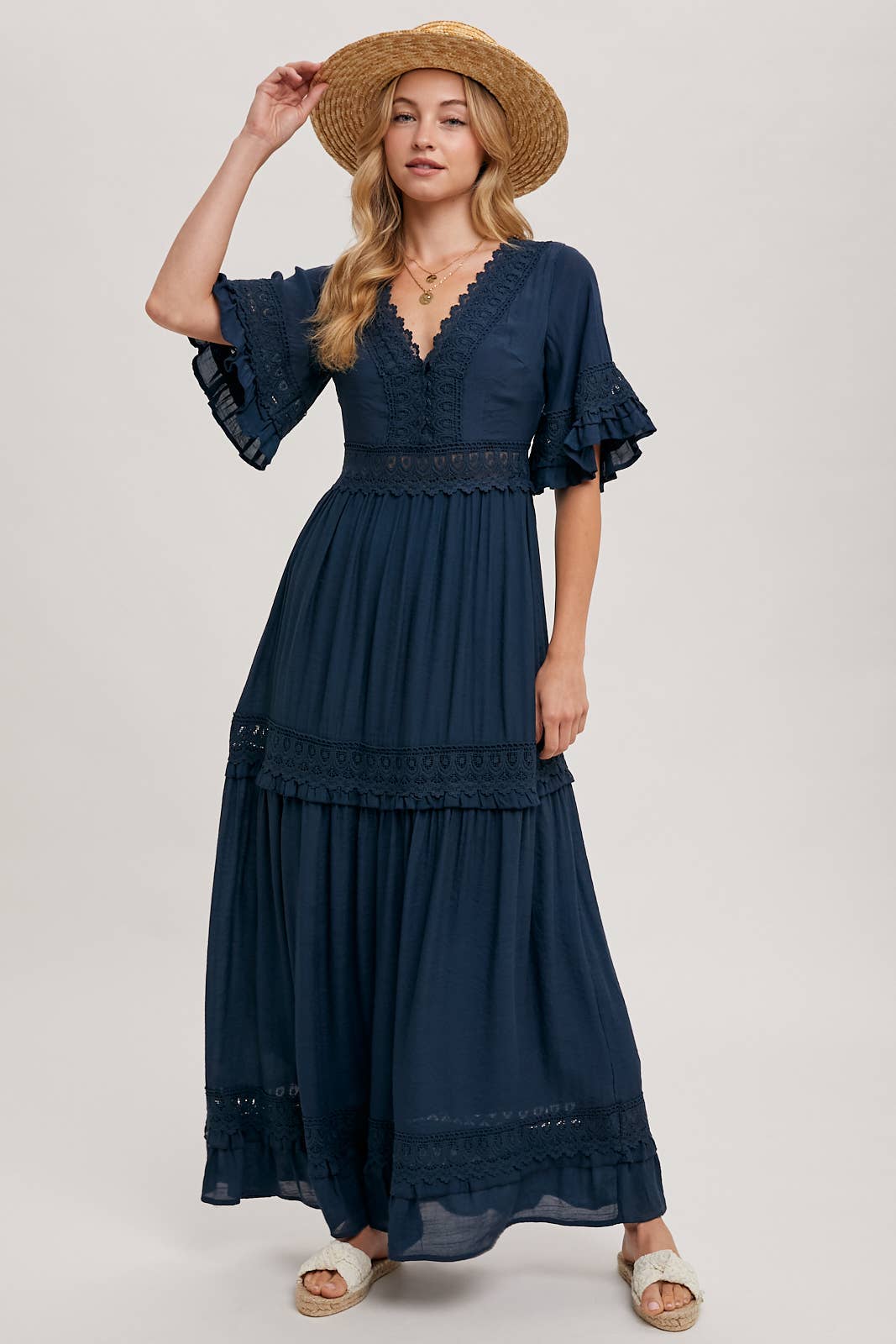 V-NECK LACE TRIM MAXI DRESS: LT. OLIVE