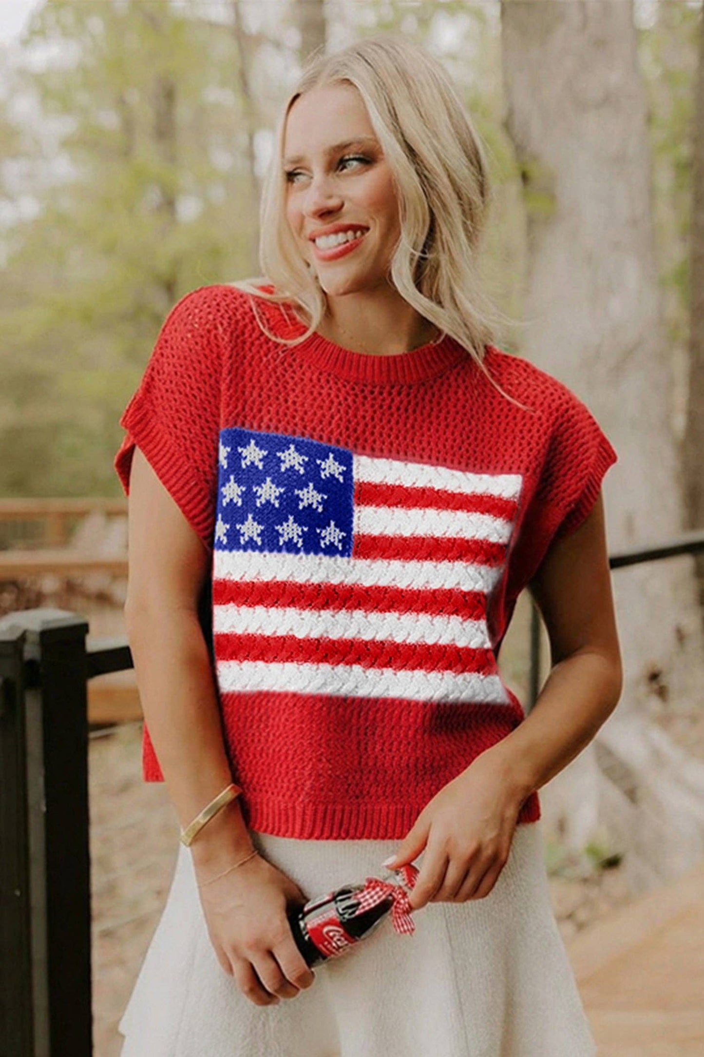 Sky Blue Flag Graphic Short Sleeve Sweater Top: Sky Blue