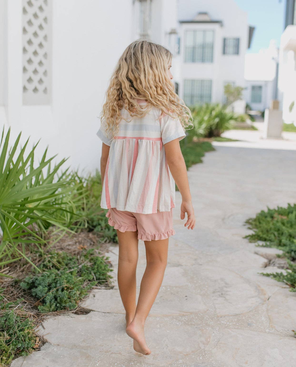 Kids Sand Blush Stripe Pocket Ruffle Spring Summer Short Set