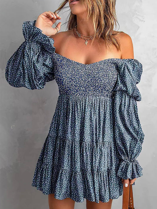 Sexy Waistband A-line Dress Off Shoulder Dress: Blue