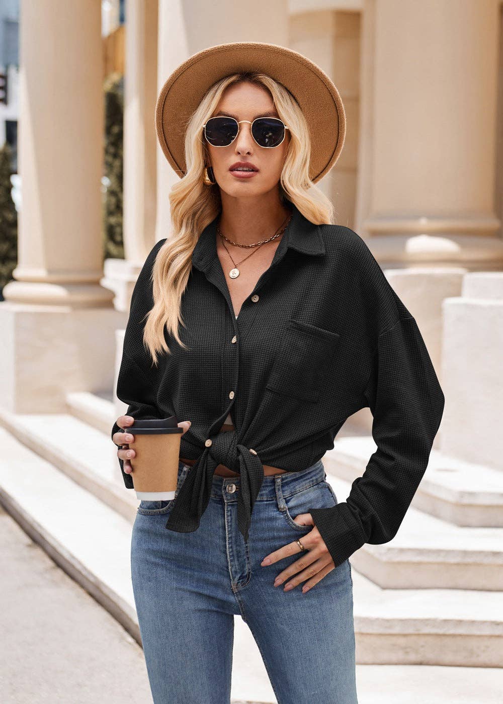 Casual waffle button up shacket