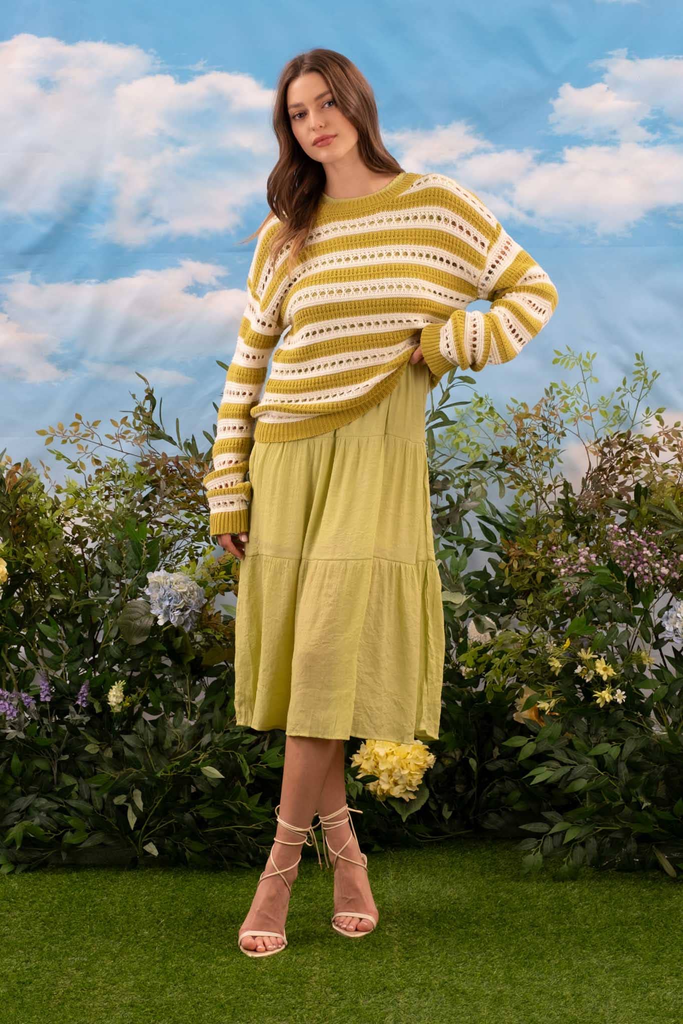SMOCKED TIERED MIDI DRESS: LIGHT SAGE