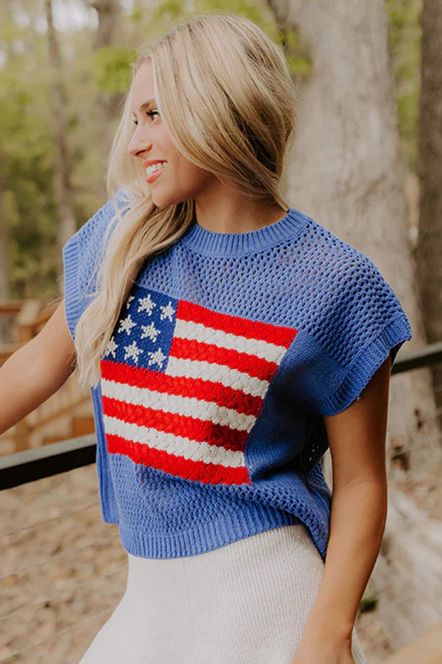 Sky Blue Flag Graphic Short Sleeve Sweater Top: Sky Blue