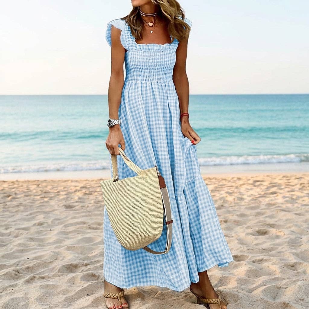 Gingham Smocked Maxi Dress Square Neck