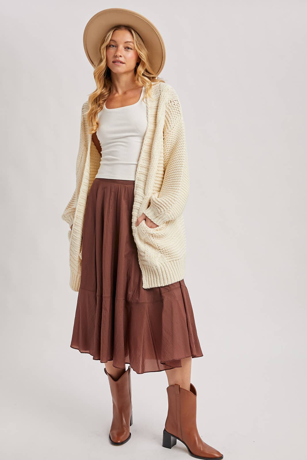 CHUNKY CABLE LANTERN SLEEVE CARDIGAN: MUSHROOM