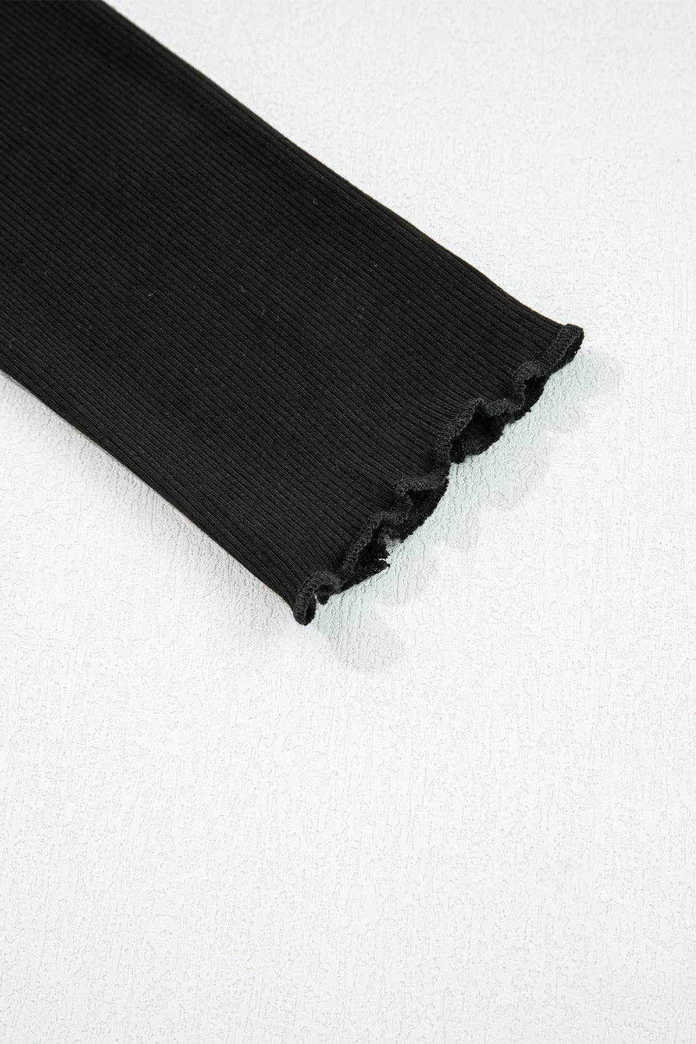 Black Ribbed Knit Lettuce Trim High Neck Long Sleeve Top