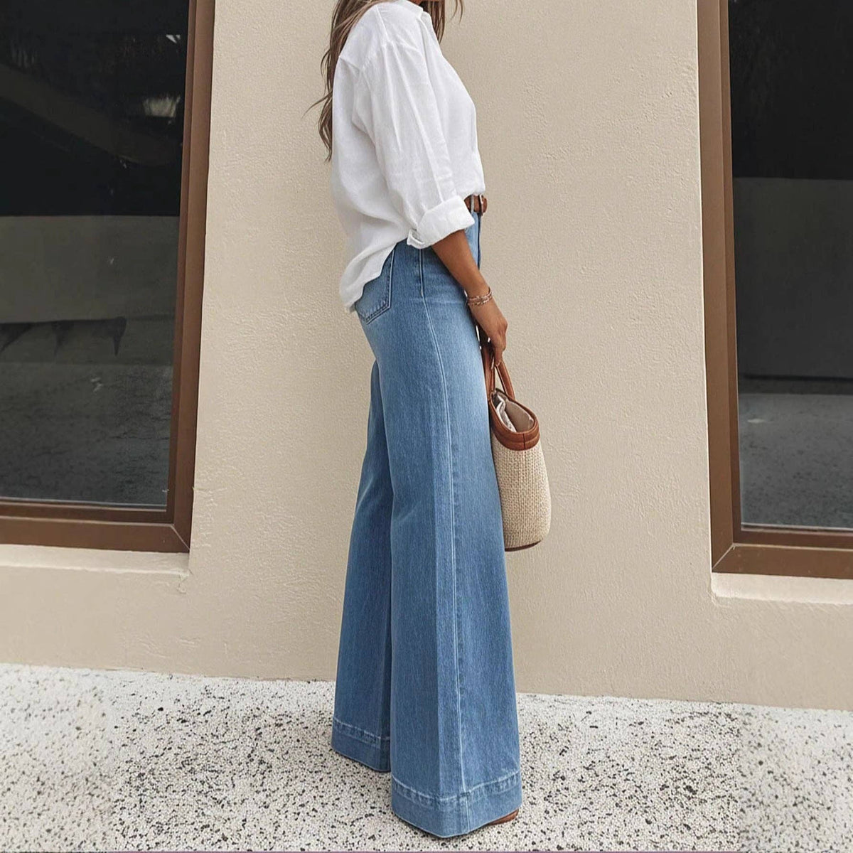 Washed Denim Wide Leg Jeans High Rise Relaxed Fit: Denim Blue