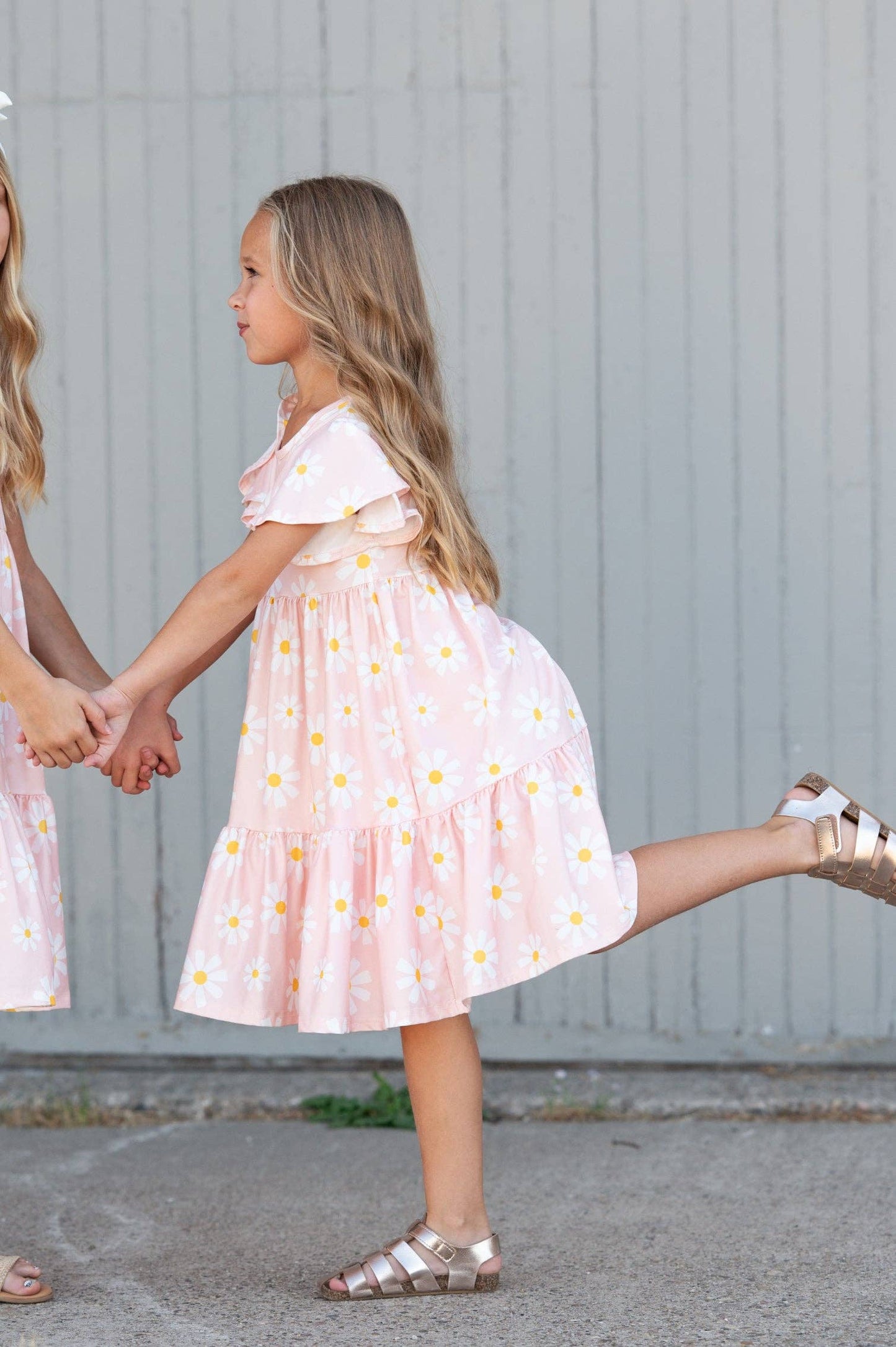 Girls Emma Pink Spring Daisy Flutter Sleeve Twirl Dress: 2