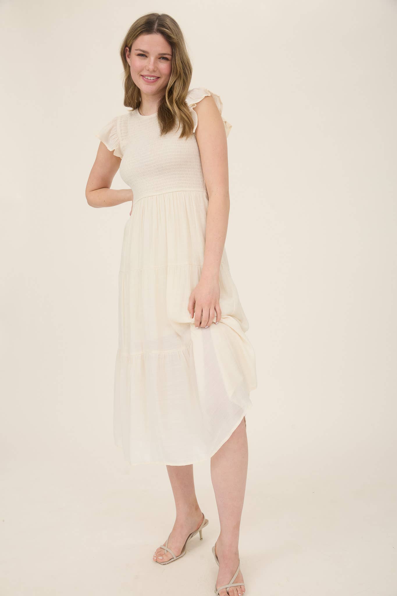 SMOCKED TIERED MIDI DRESS: LIGHT SAGE