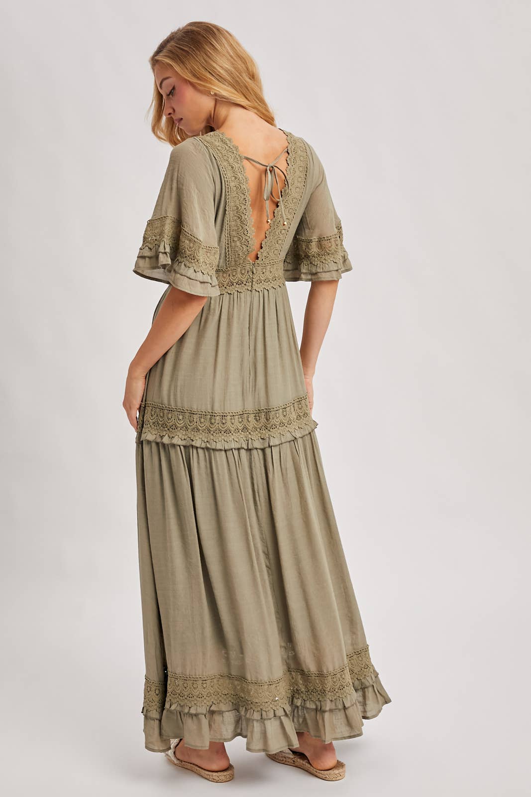 V-NECK LACE TRIM MAXI DRESS: LT. OLIVE