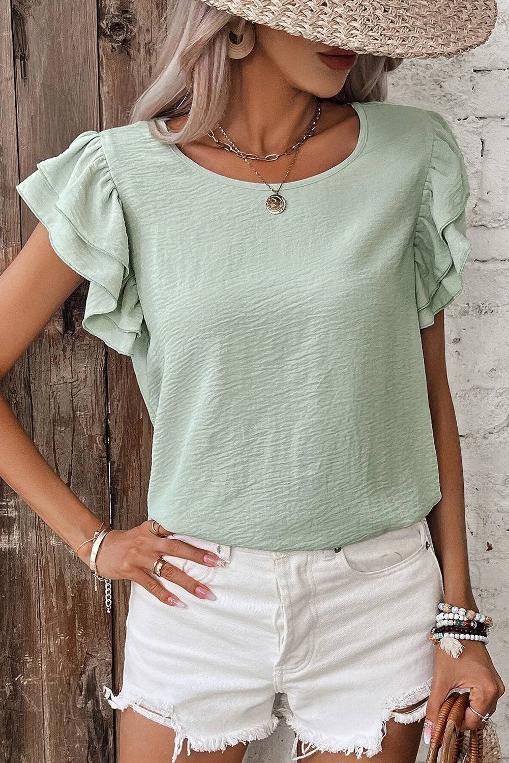 Solid Color Ruffled Short Sleeve Casual Blouse: Aqua