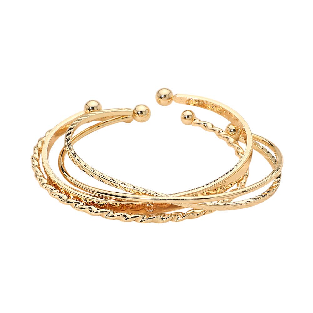 3PCS - Gold Dipped Textured Metal Cuff Multi Layered Bracelets