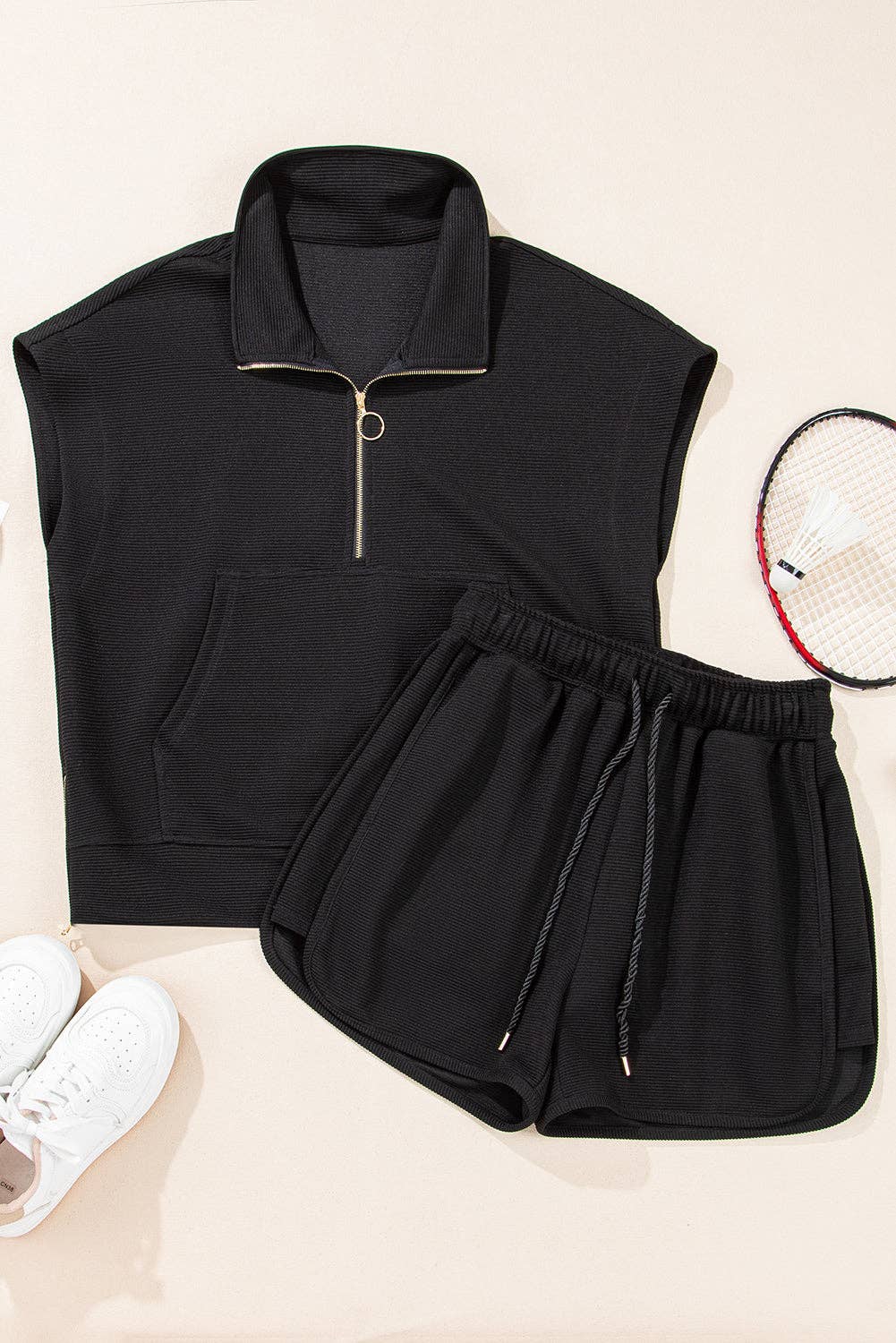 Black Textured Half Zip Kangaroo Pocket Top Drawstring Shorts Set: Black