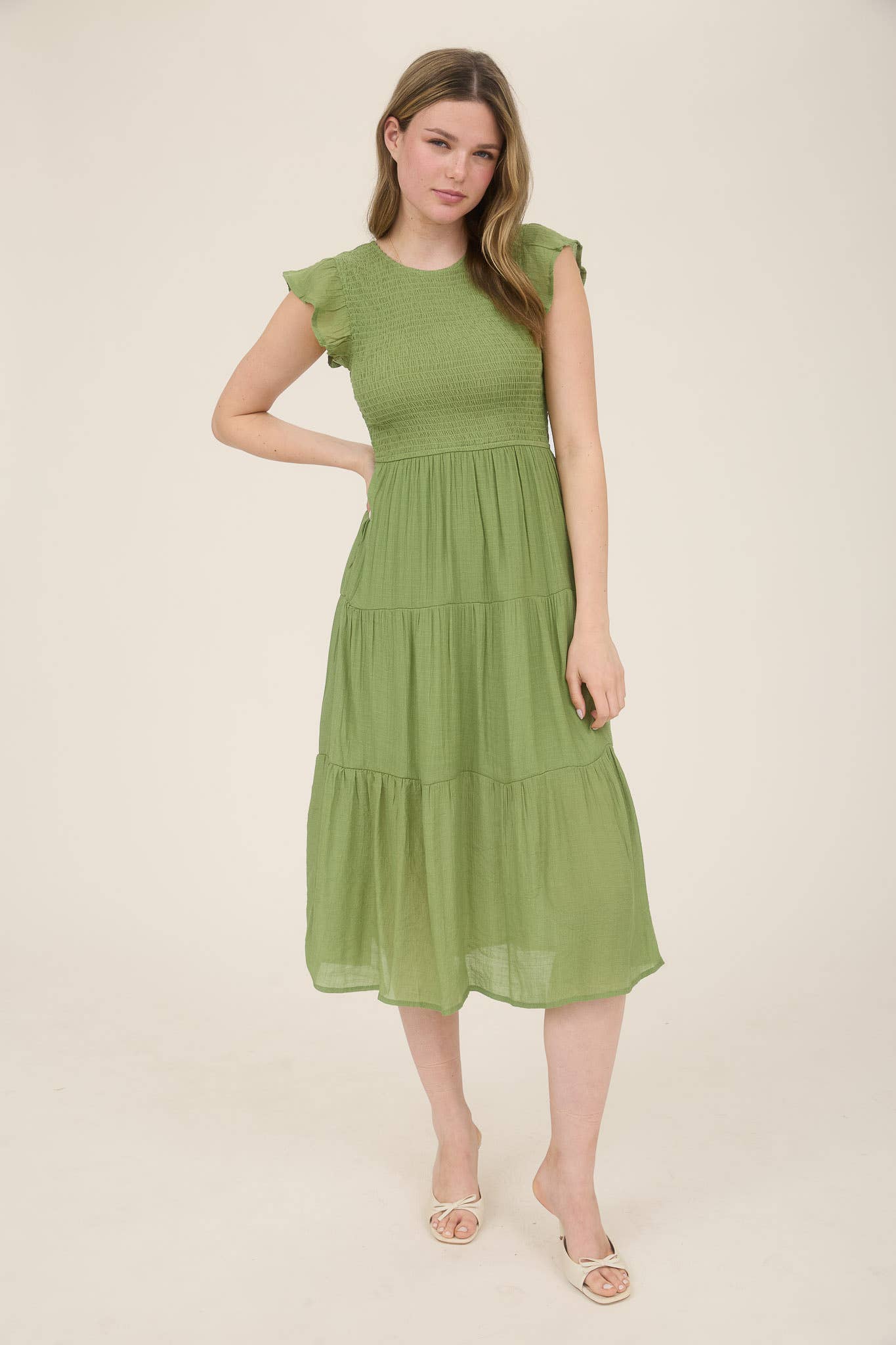 SMOCKED TIERED MIDI DRESS: LIGHT SAGE