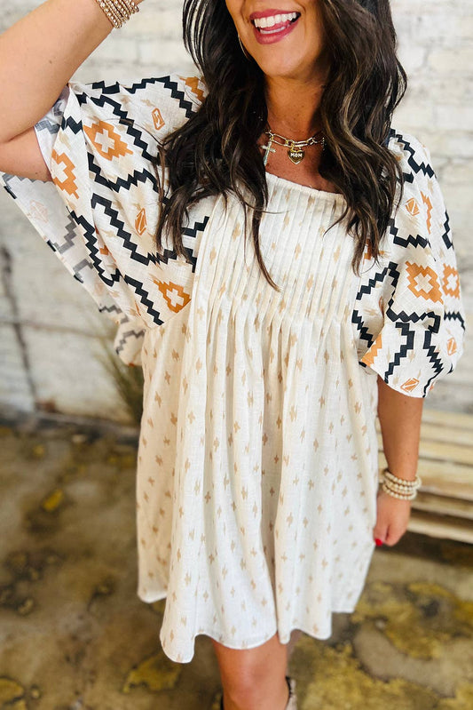 Beige Western Aztec Print Pleated Square Neck Loose Mini Dress: Beige