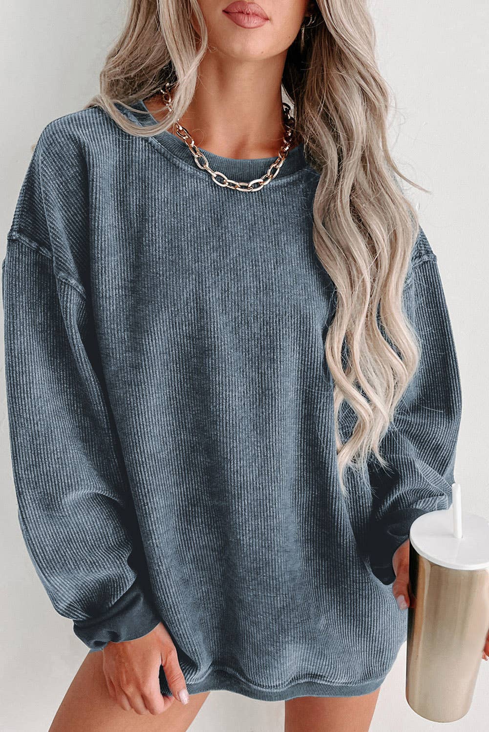Ribbed Knit Round Neck Pullover Sweatshirt