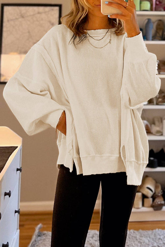 Waffle Knit Bishop Sleeve Split Oversized Sweatshirt: Cream
