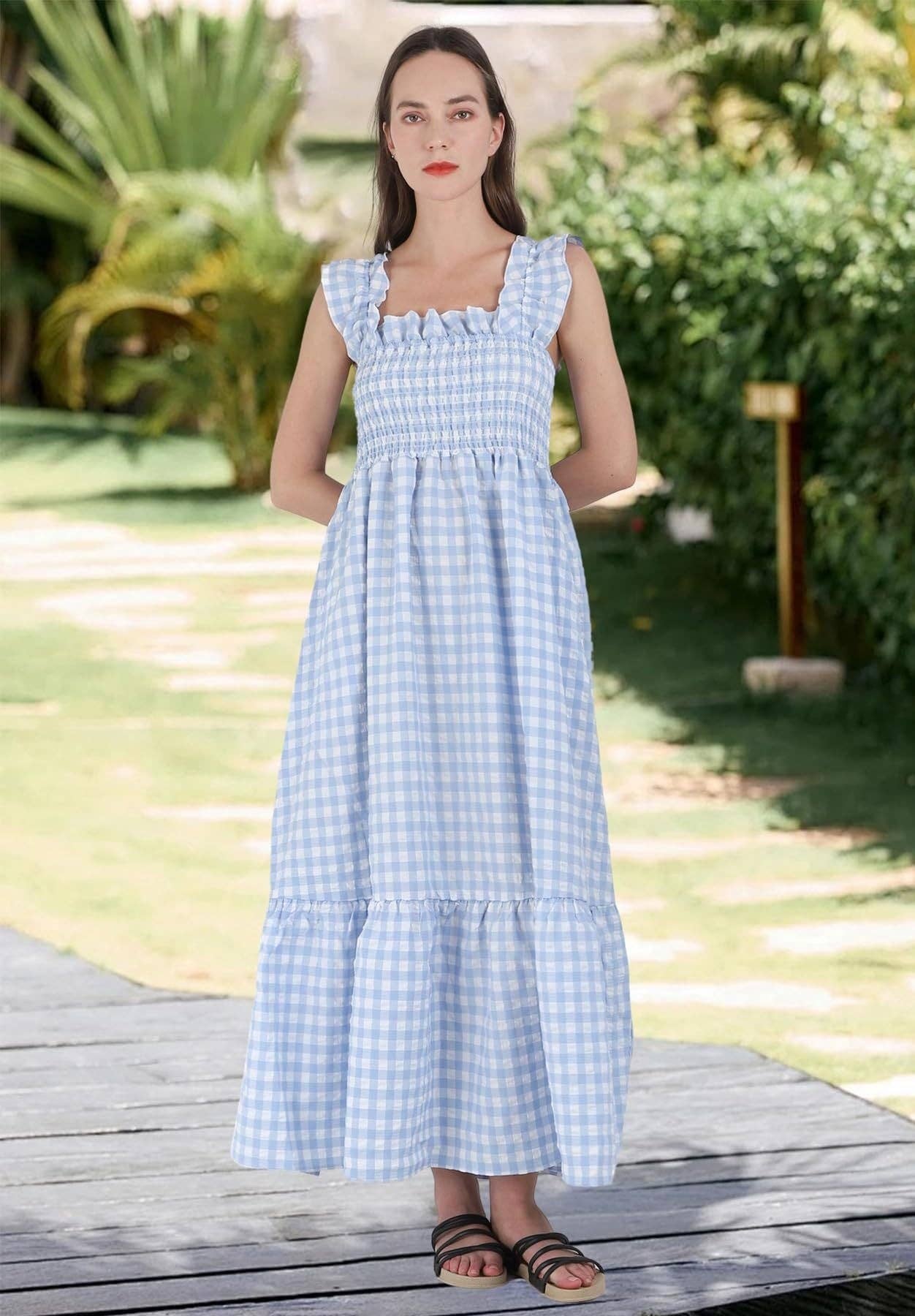 Gingham Smocked Maxi Dress Square Neck