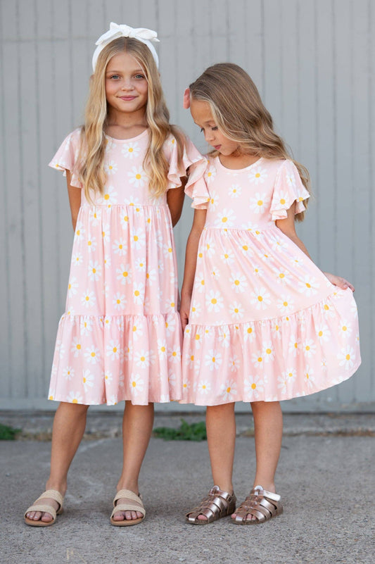 Girls Emma Pink Spring Daisy Flutter Sleeve Twirl Dress: 2