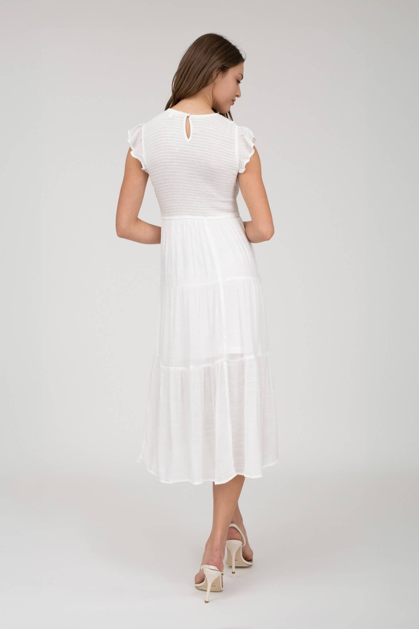 SMOCKED TIERED MIDI DRESS: LIGHT SAGE