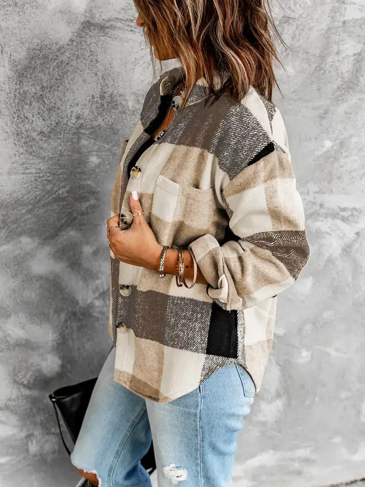 Buttoned Plaid Color Block Long Sleeve Jacket with Pockets: Khaki